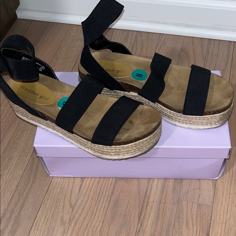 Madden Girl Black and Tan Espadrille Sandals